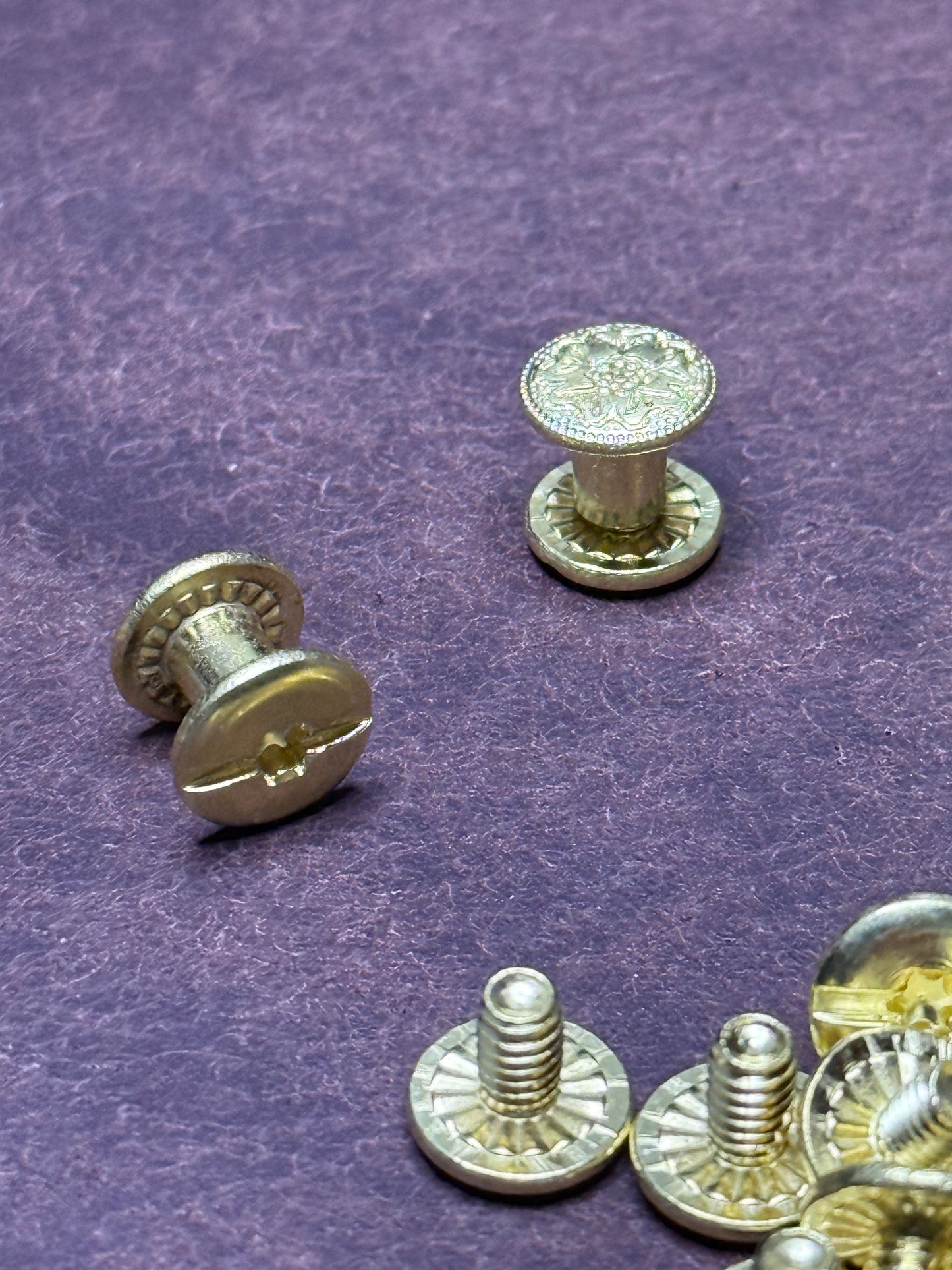 5x Chicago Screw D10mm 1/4“ H6,4mm with floral design. Messing. Solid brass. Buchschraube